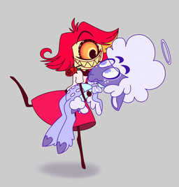 1_eye anthro clothed clothing dress duo fangs female flower fur hair halo interspecies male male/female open_mouth open_smile plant purple_body purple_eyes purple_fur red_hair simple_background smile teeth wings bluestripedrenulian hazbin_hotel hellaverse helluva_boss collin_(helluva_boss) niffty_(hazbin_hotel) angel bovid caprine cherub cyclops demon humanoid mammal sheep
