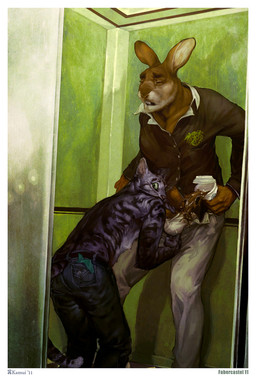 anthro caught_in_the_act clothed clothing duo elevator fellatio genitals interspecies looking_at_viewer male male/male male_penetrated male_penetrating male_penetrating_male oral penetration penile penis predator/prey public public_sex sex slightly_chubby tail topless fabercastel kamui_(artist) domestic_cat felid feline felis hare lagomorph leporid mammal 2011