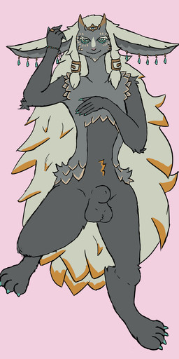 3_eyes 4_toes 5_fingers animal_genitalia anthro ball_tuft balls blue_claws blue_eyes bracelet claws dakimakura detached_sheath ear_piercing feet fingers fully_sheathed fur genitals grey_balls grey_body grey_fur grey_sheath hair jewelry long_hair looking_at_viewer male multi_eye nude piercing sheath smile solo toe_claws toes tuft chelfoxart winteranimosus nintendo tears_of_the_kingdom the_legend_of_zelda rauru_(tears_of_the_kingdom) bovid caprine goat mammal zonai 1:2 2023 dakimakura_design hi_res