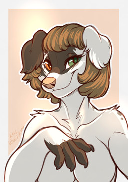 anthro blonde_hair breasts female female_anthro fingers floppy_ears front_view fur hair heterochromia looking_at_viewer mouth_closed multicolored_body multicolored_fur simple_background smile solo white_body white_fur kellwolfik marta_moran canid canine canis domestic_dog mammal 2024 absurd_res bust_portrait dated digital_media_(artwork) hi_res portrait