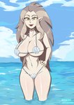 big_breasts bikini breasts clothing eyebrows eyelashes female glistening glistening_body glistening_breasts glistening_skin grey_hair hair hand_on_hip humanoid_pointy_ears long_hair looking_at_viewer mature_female navel navel_piercing not_furry open_mouth outside piercing pointy_ears seashell seashell_bikini seaside shell solo swimwear two-piece_swimsuit water yellow_eyes pixallion disney the_owl_house eda_clawthorne humanoid mammal witch_(the_owl_house) 2022 absurd_res hi_res