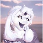 anthro black_sclera clothed clothing female hair horn looking_at_viewer open_mouth smile solo teeth tongue white_eyes white_hair argustte unknown_species 1:1 headshot_portrait hi_res icon portrait