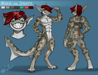 abs anthro athletic athletic_anthro athletic_male barbell_piercing blue_background butt digitigrade dorsal_fin featureless_crotch fin flexing flexing_bicep grey_spots grin hair half-closed_eyes male markings muscle_tone narrowed_eyes nipple_barbell nipple_piercing nipples pecs piercing red_hair scales sharp_teeth simple_background smile solo spots spotted_body spotted_scales tail tail_fin teeth text wide_eyed bleats zale_the_shark aquatic fish ground_shark leopard_shark shark triakid english_text model_sheet