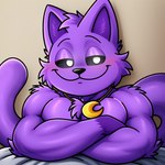 anthro arm_tuft bed bedroom bedroom_eyes biceps black_sclera chest_tuft crossed_arms elbow_tuft eyebrows fur furniture head_tuft jewelry long_tail male moon_necklace muscular muscular_anthro muscular_male narrowed_eyes necklace pecs purple_body purple_fur seductive shoulder_tuft smile solo tail tuft white_eyes rjquaty mob_entertainment poppy_playtime smiling_critters catnap_(poppy_playtime) domestic_cat felid feline felis mammal hi_res