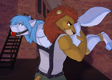 anthro ball_gag bdsm biceps blue_eyes bondage bound breasts captured clothed clothing duo female gag gagged hair kidnapping male muscular nipples red_eyes fcsimba sharpfury_(gamegod210) canid canine canis felid lion mammal pantherine wolf 2014
