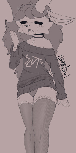 5_fingers ambiguous_gender anthro antlers blush blush_lines bodily_fluids bracelet chest_tuft choker clothing drooling eyes_closed fingers fur hair heart_symbol hooves horn jewelry just_woke_up lace_stockings long_hair messy_hair necklace open_mouth saliva simple_background solo standing sweater tail text text_on_clothing text_on_sweater text_on_topwear topwear tuft underwear yawn llametsul deer mammal 2026 hi_res monochrome