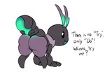 all_fours antennae_(anatomy) anthro big_butt black_body black_exoskeleton black_sclera butt dialogue exoskeleton female green_antennae green_body green_exoskeleton grey_body grey_exoskeleton open_mouth presenting presenting_hindquarters purple_body purple_exoskeleton short_stack simple_background smile solo talking_to_viewer text thick_thighs white_background white_eyes miso_souperstar ant arthropod hymenopteran insect 2024 english_text hi_res