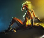 anthro breasts featureless_breasts feet female fingers non-mammal_breasts nude sitting solo toes safiru dinosaur lizard prehistoric_species reptile scalie 2022 digital_media_(artwork)