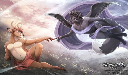 3_toes 5_fingers anthro biped black_body black_fur black_hair black_tail black_wings blue_eyes breasts brown_body brown_fur brown_hair cloven_hooves countershade_torso countershading duo eye_contact eyewear feet female fingers fur glasses hair hooves looking_at_another male navel smile tail toes wings seyumei divinity_cervio sukia_cervio canid canine deer fox mammal 2025 digital_drawing_(artwork) digital_media_(artwork)