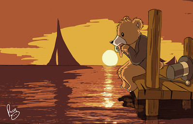 anthro beady_eyes black_eyes black_nose clothing eating fish_meat food fur glistening glistening_eyes grey_clothing grey_hat grey_headwear grey_topwear hat headgear headwear logo male male_anthro meat orange_body orange_fur side_view sitting solo sunset topwear walking_cane water pandapaco bear mammal artist_logo signature