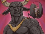 anthro antlers armor athletic athletic_anthro athletic_male black_body bracers clothed clothing duo ear_piercing ear_ring horn horn_jewelry horn_ring jewelry labyrinth macro male micro muscular muscular_anthro muscular_arms muscular_male narrowed_eyes nipples pecs piercing pink_background ring_(jewelry) ring_piercing simple_background tan_body tattoo toga topless topless_male deerpuff ohohflamethrower european_mythology greek_mythology mythology bovid bovine deer mammal minotaur 4:3 bust_portrait portrait