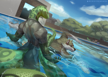 anthro back_muscles clothing duo green_body male scales sky swimming swimming_pool swimwear tail tailhold teacher conditional_dnp reddyrennard kole_reese valeria_alvarez anaconda boa_(snake) boinae canid canine canis domestic_dog husky mammal nordic_sled_dog reptile scalie snake spitz hi_res