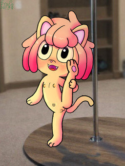 anthro female flat_chested furniture genitals navel nipples nude on_table one_leg_up pole raised_leg raising_leg simple_background solo table vulva young young_female fredonejo domestic_cat felid feline felis mammal absurd_res hi_res