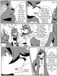 anthro canid canine canis comic crocodile crocodilian dialogue english_text eye_patch eyewear felid femboy fox greyscale hi_res hoshi_(a_side) lion magic_user male mammal monochrome muscular pantherine raccoon_dog reagan700 reptile scalie slightly_chubby tanuki text wolf