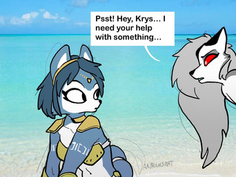 anthro beach bikini clothing duo female hair headgear jewelry shoulder_guards swimwear tail text two-piece_swimsuit aabramsart hellaverse helluva_boss mythology nintendo star_fox krystal_(star_fox) loona_(helluva_boss) canid canid_demon canine demon fox hellhound mammal mythological_canine mythological_creature english_text