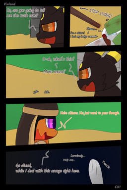 anthro badge book cloth clothing dialogue fantasy semi-anthro speech_bubble text weapon vinland nintendo pokemon pokemon_mystery_dungeon spike_chunsoft anders_(infinitydoom) charmander eeveelution generation_1_pokemon generation_2_pokemon generation_3_pokemon pokemon_(species) ralts umbreon 2:3 absurd_res comic english_text hi_res story