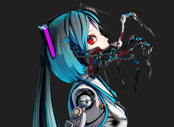 blue_hair clothing cosplay electronics eyelashes female glistening glistening_clothing glistening_shirt glistening_topwear grey_background grey_clothing grey_shirt grey_topwear hair headphones long_hair machine mechanical_arm medium_hair not_furry red_eyelashes red_eyes shirt simple_background solo teeth topwear twintails_(hairstyle) wire deino_(artist) deino_(modeler) vocaloid yamaha_corporation calne_ca hatsune_miku arthropod crustacean humanoid isopod malacostracan robot robot_humanoid 2026 3d_(artwork) autodesk_3ds_max_(artwork) digital_media_(artwork)