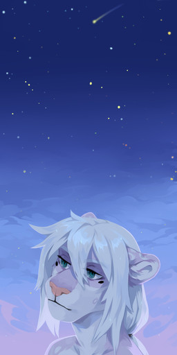 ambiguous_gender anthro blue_eyes cloud eyelashes fur hair light_body light_fur mouth_closed narrowed_eyes nude pink_body pink_fur pink_nose sky solo star unsigned white_body white_fur white_hair corzh77 felid mammal 1:2 absurd_res bust_portrait hi_res portrait