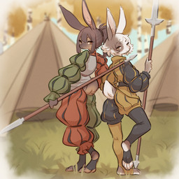4_toes anthro armor autumn black_clothing bottomwear brown_body brown_fur brown_hair butt circle_eyebrows clothing cuirass duo eyebrows feet female frown fur gradient_fur grass green_clothing hair holding_melee_weapon holding_object holding_polearm holding_spear holding_weapon landsknecht leggings legwear long_ears looking_at_viewer looking_back looking_back_at_viewer male male/female medieval medieval_clothing melee_weapon messy_hair multicolored_clothing orange_eyes pants pattern_clothing plant polearm ponytail puffy_pants puffy_shorts puffy_sleeves red_clothing scut_tail short_hair short_tail shorts simple_background smile soles spear standing stirrup_legwear striped_clothing stripes tail tent toeless_legwear toes tree weapon white_body white_fur yellow_clothing tateoftot lagomorph leporid mammal rabbit 1:1 hi_res