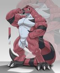 anthro biceps big_biceps biped claws crocodile crocodilian crocodylid fangs featureless_crotch flexing flexing_bicep flexing_biceps flexing_muscles generation_5_pokemon hi_res krookodile male markings musclegut muscular muscular_anthro muscular_arms muscular_thighs nintendo palette pecs pokemon pokemon_(species) pokemorph pose red_body red_scales red_skin reptile scales scalie serratus sharp_teeth solo striped_body striped_markings striped_tail stripes tail tail_markings teeth valentinesartx vein