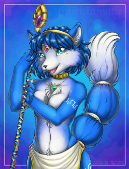 accessory amethyst_(gem) anthro black_nose blue_body blue_fur blue_hair bottomwear breasts chest_tuft clothed clothing collar covering covering_self dipstick_tail emerald_(gem) female fur furgonomics gem gold_(metal) hair hair_accessory hairband jewelry krystal's_staff loincloth markings melee_weapon multicolored_tail pendant polearm ruby_(gem) sapphire_(gem) short_hair solo staff tail tail_accessory tail_markings tailband topless tribal tribal_markings tuft weapon white_body white_fur morningstar_(artist) nintendo star_fox krystal_(star_fox) canid canine fox mammal