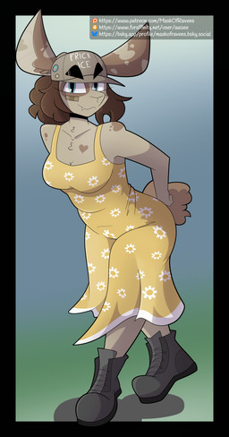 anthro band-aid band-aid_on_face bandage bandage_on_face big_ears black_boots black_border black_clothing black_footwear blue_eyes bluesky_logo boots border breasts brown_hair clothed clothing dress eyebrows fangs fashion female floral_print flower footwear fuck_ice fur furaffinity_logo green_background grey_body grey_fur hair hat headgear headwear heart_(marking) leaning leaning_forward looking_at_viewer markings medium_breasts medium_hair patreon_logo plant pose shoes simple_background solo spring standing sundress teeth text text_on_clothing text_on_hat text_on_headwear thick_eyebrows tomboy yellow_clothing yellow_dress maskofravens bluesky_(social_media) furaffinity patreon claire_(maskofravens) hare lagomorph leporid mammal rabbit absurd_res digital_drawing_(artwork) digital_media_(artwork) english_description english_text hi_res url