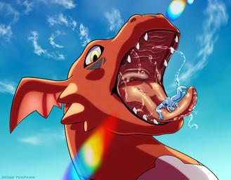 belly bodily_fluids horn male mouth_shot open_mouth saliva sky soft_vore vore sergefoxpaws bandai_namco digimon mythology digimon_(species) dragon guilmon mythological_creature mythological_scalie reptile scalie absurd_res hi_res
