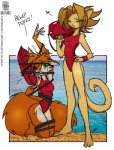 4_toes anthro barefoot beach bound breasts brown_body brown_fur brown_hair clothed clothing doing_it_wrong duo feet female fluffy fluffy_tail fur green_eyes hair one-piece_swimsuit orange_body orange_fur orange_hair outside plantigrade seaside swimwear tail tan_body tan_fur toes water wristband conditional_dnp jollyjack baywatch sequential_art kat_vance scarlet_(sequential_art) domestic_cat eurasian_red_squirrel felid feline felis mammal rodent sciurid tree_squirrel 2007