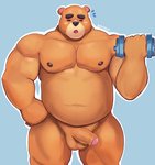 anthro balls belly bicep_curl blue_background blush brown_body brown_fur dumbbell exercise eyes_closed fur genitals humanoid_genitalia humanoid_hands humanoid_penis male moobs navel nipples overweight overweight_anthro overweight_male penis simple_background solo weightlifting weights workout barmaku animal_crossing nintendo teddy_(animal_crossing) bear mammal 2020 hi_res