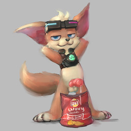 anthro balls bodily_fluids chips_(food) countershading cum eyewear food genital_fluids genitals goggles grey_background hands_behind_head knot knotted_penis male penis short_anthro short_male short_snout simple_background smile smirk smug smug_grin snout solo standing tail young young_anthro young_male badipoki lays_(brand) chip_(mlbb) canid canine fennec_fox fox mammal true_fox 1:1 absurd_res hi_res