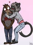 anthro black_body black_fur blush brown_body brown_fur duo female fur grey_body grey_fur grey_hair hair heart_symbol kissing kissing_cheek male scar ziegelzeig bad_guy_cafe dwight_fries felicitas_(shevron) felid lagomorph leporid mammal pantherine rabbit 2024