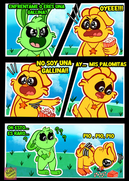 anthro confusion duo female food green_body male popcorn references spanish text yellow_body rocketlennon mob_entertainment nickelodeon poppy_playtime smiling_critters spongebob_squarepants hoppy_hopscotch kickinchicken avian bird chicken galliform lagomorph leporid mammal phasianid rabbit absurd_res comic hi_res translation_request