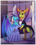 anthro black_tie_(suit) blue_body blue_scales border bow_tie clothing cloven_hooves dress elbow_sleeves female green_body hooves horn insect_wings male mandibles membrane_(anatomy) membranous_wings purple_eyes scales suit tail thorax white_border wings inuhoshi-to-darkpen friendship_is_magic hasbro my_little_pony mythology princess_ember_(mlp) thorax_(mlp) arthropod changeling dragon mythological_creature mythological_scalie reformed_changeling scalie colored digital_drawing_(artwork) digital_media_(artwork) hi_res