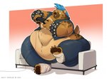 anthro belly belly_overhang big_belly big_butt blue_hair blue_mane bracelet butt claws clothed clothing controller electronics feet foot_wraps fur furniture game_controller gaming hair heavy_doodles hi_res holding_controller holding_game_controller holding_object hyena jewelry male mammal mane markings moobs morbidly_obese navel obese obese_anthro obese_male open_clothing open_topwear open_vest overweight overweight_anthro overweight_male playing_videogame sitting sofa solo spiked_bracelet spikes spots spotted_body spotted_fur spotted_hyena tan_body tan_fur thick_thighs toe_claws topwear vest wide_hips wraps