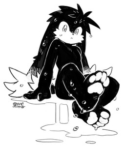 after_bath anthro looking_at_viewer male nude pawpads puddle sitting solo water wet young kuronezumiinu bandai_namco klonoa_(series) klonoa domestic_cat felid feline felis mammal moo_(klonoa) monochrome