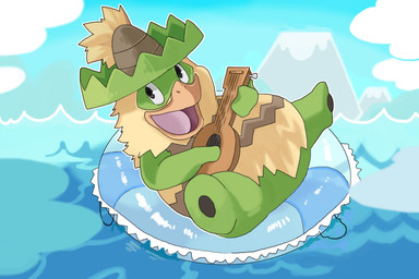 ambiguous_gender anthro barefoot beak clothing cloud detailed_background feet floating fur green_body happy hat headgear headwear inflatable lily_pad lute musical_instrument open_mouth orange_beak plant plucked_string_instrument pool_toy sea sitting sky solo sombrero string_instrument swim_ring ukulele water yellow_body yellow_fur bluewhale127 nintendo pokemon generation_3_pokemon ludicolo pokemon_(species) 2014 3:2