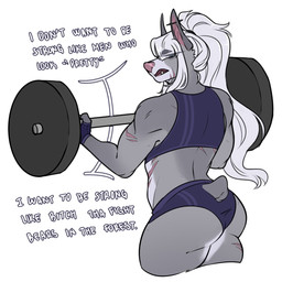 anthro barbell dialogue exercise female grey_body hair muscular muscular_anthro muscular_female scar simple_background solo text weightlifting white_background white_hair workout bayleyheart canid canine canis domestic_dog mammal 1:1 english_text hi_res