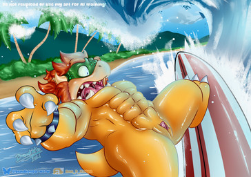 abs anthro beach beard blue_eyes bracelet facial_hair green_body green_scales hair jewelry male muscular muscular_anthro muscular_male nude open_mouth orange_beard orange_facial_hair orange_hair palm_tree pecs plant scales scared sea simple_background slit_penis spiked_bracelet spikes string_panties surf surfboard surfing text tree water wave wet wet_body wet_scales yellow_body ben_d_koopa benediktus_(artist) mario_bros nintendo benediktus_darius_koopa koopa scalie 2026 digital_drawing_(artwork) digital_media_(artwork) hi_res shaded signature simple_shading