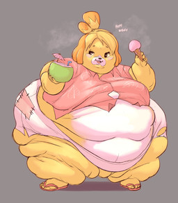 anthro belly beverage big_belly blonde_hair blush blush_stickers breasts breath chubby_cheeks clothed clothing coconut coconut_drink dessert drupe_(fruit) fat_arms fat_legs feeding female food footwear fruit fur hair holding_food holding_object huge_belly huge_hips ice_cream morbidly_obese morbidly_obese_anthro morbidly_obese_female obese obese_anthro obese_female open_mouth overweight overweight_anthro overweight_female panting plant sandals shoes simple_background white_body white_fur wide_hips yellow_body yellow_fur sooftly animal_crossing nintendo isabelle_(animal_crossing) canid canine canis domestic_dog mammal shih_tzu toy_dog absurd_res hi_res