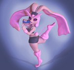 accessory anthro athletic_wear big_ears black_sclera bottomwear butt clothing drinking earband exercise_clothing female gesture hair hair_accessory hairband hand_gesture looking_at_viewer midriff pink_hair purple_eyes raised_leg shirt shorts simple_background solo tank_top tight_clothing topwear v_sign siakstuff nintendo pokemon generation_4_pokemon lagomorph leporid lopunny mammal pokemon_(species) shiny_pokemon 3d_(artwork) digital_media_(artwork) hi_res