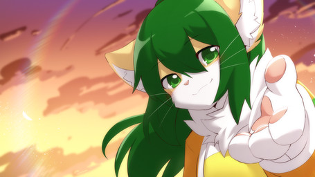 4_fingers anthro blush clothing cloud ear_tuft extending_hand female fingers green_eyes looking_at_viewer outside rainbow sky smile solo tuft sollyz domestic_cat felid feline felis mammal 16:9 2020 widescreen