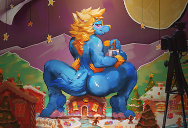 anthro blonde_hair blue_body blue_fur blue_tail blush butt christmas_decorations container cookie cup food fur hair holding_container holding_cookie holding_cup holding_food holding_mug holding_object looking_at_viewer looking_back looking_back_at_viewer male male_anthro mug narrowed_eyes nude pawpads pink_pawpads rear_view red_eyes short_hair sitting solo tail yellow_ears oselotti nintendo pokemon manny_raibolt canid canine generation_3_pokemon mammal manectric pokemon_(species) 2025 hi_res
