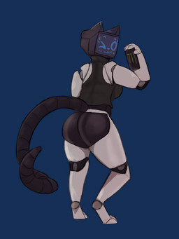 anthro anthrofied butt clothed clothing female looking_at_viewer machine one_eye_closed partially_clothed screen screen_face smile solo standing tail topwear white_body wink rockpankake pudu_robotics bellabot felid mammal monster robot 2025 3:4 alpha_channel digital_media_(artwork) hi_res
