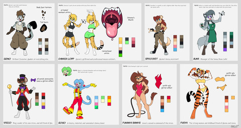 anthro barefoot biped bodily_fluids breasts cleavage closed_smile clothed clothed_anthro clothed_female clothed_male clothing color_swatch digitigrade feet female fur group hair hand_on_hip looking_aside male midriff mouth_closed mouth_shot navel open_mouth open_smile pawpads saliva saliva_on_tongue smile stretching tail teeth text tongue uvula gizmochinasa chinasa_lopp gizmo_(gizmochinasa) sprocket_(gizmochinasa) canid canine canis chameleon cheetah felid feline gerbil lizard mammal murid pantherine reptile rodent scalie snow_leopard tiger tundra_wolf wolf 2024 character_name dated digital_drawing_(artwork) digital_media_(artwork) english_description english_text hi_res model_sheet signature