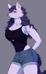 anthro black_clothing black_shirt black_tank_top black_topwear bottomwear clothing female fur grey_background hands_behind_back looking_at_viewer red_eyes shirt shorts simple_background tank_top topwear white_body white_fur halfyen hi_res