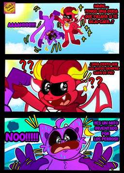 anthro collar duo male purple_body red_body scared sky tail text wings rocketlennon mob_entertainment mythology nightmare_critters poppy_playtime smiling_critters catnap_(poppy_playtime) simon_smoke_(poppy_playtime) domestic_cat dragon felid feline felis mammal mythological_creature mythological_scalie scalie absurd_res comic hi_res spanish_text