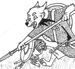 3_toes 4_fingers anglo-saxon anthro arm_tuft armor belt black_nose blood blood_on_weapon blood_splatter bodily_fluids buckteeth chainmail cheek_tuft chin_tuft claws clenched_teeth duo ears_back elbow_tuft facial_tuft feet fight finger_claws fingers foot_wraps fur grass guige_strap headgear helmet holding_melee_weapon holding_object holding_polearm holding_shield holding_spear holding_sword holding_weapon looking_up male medieval_clothing melee_weapon neck_torture pawpads pivoted_ears plant polearm scabbard sharp_teeth shield shocked simple_background slit_throat spear surprise surprised_expression sword teeth toe_claws toes tuft weapon white_background white_body white_fur wounded wraps wrist_tuft labjer canid canine canis lagomorph leporid mammal rabbit wolf 2016 black_and_white low_res monochrome traditional_media_(artwork)