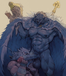 abs anthro balls big_balls big_penis cape clothing erection fur genitals group humanoid_genitalia humanoid_penis male male/male muscular muscular_anthro muscular_male nipples oral pecs penis scar trio eruprior elden_ring fromsoftware blaidd_(elden_ring) tarnished_(elden_ring) war_counselor_iji_(elden_ring) canid canine canis mammal wolf 2022 absurd_res hi_res