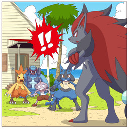 ambiguous_gender anthro blue_body blue_fur border claws fur group open_mouth tail white_border ragster_(artist) nintendo pokemon canid canine carracosta fossil_pokemon generation_1_pokemon generation_4_pokemon generation_5_pokemon lucario mammal pokemon_(species) reptile scalie zoroark 1:1 digital_media_(artwork) hi_res
