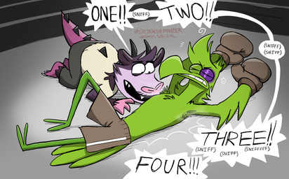 anthro armpit_feathers armpit_fetish armpit_musk armpit_sniffing athletic athletic_anthro athletic_male black_eyes boxing_attire boxing_gloves boxing_shorts bruised bruised_eye clothed clothed_anthro clothed_male clothing dazed dialogue duo eyes_closed facial_hair feathers fighting_ring fully_clothed fully_clothed_anthro fully_clothed_male green_body handwear kneeling male male/male male_anthro musk musk_cloud musky_armpit referee skinny skinny_anthro skinny_male slightly_chubby sniffing speech_bubble text topless topless_anthro topless_male srirachamander boxing_day mythology monty_(srirachamander) surf_bird_(cattlechoir) american_opossum avian bird dragon hybrid mammal marsupial mythological_creature mythological_scalie scalie english_text hi_res